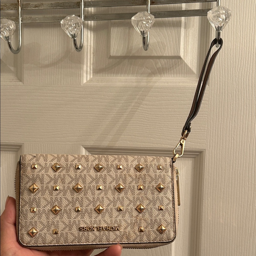 Michael Kors Beige Wristlet with Gold Studs